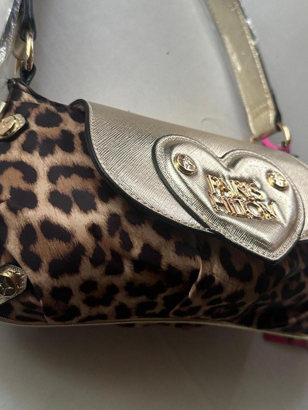 Paris Hilton New With Tags Leopard Print Gold Heart Baguette Shoulder Bag - Picture 6 of 15